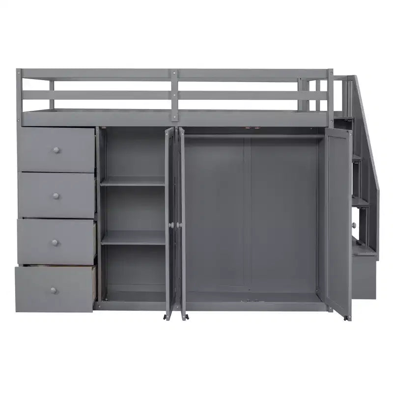 Lit mezzanine pleine taille Teddy Fleece avec étagère de rangement et tiroirs, lit mezzanine haut en bois avec bureau polyvalent pour chambre à coucher