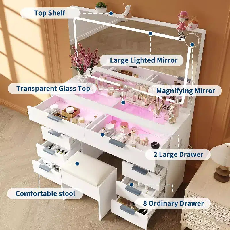 Coiffeuse avec grand miroir et lumières, ensemble coiffeuse de maquillage avec plateau en verre, prise électrique, tabouret, table de chevet pour chambre à coucher