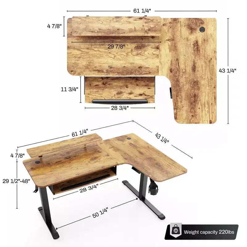 Bureau assis-debout en forme de L EUREKA ERGONOMIC 60x23 avec accessoires