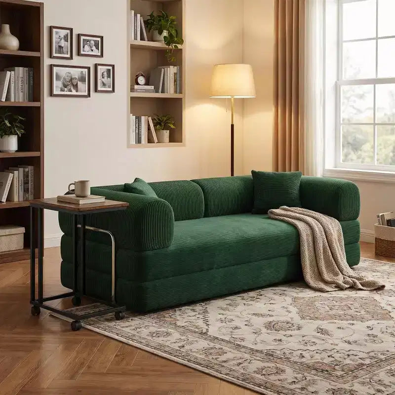 Divano Letto Convertibile FurnitureR con Set Tavolino Laterale su Ruote, Divano Moderno in Velluto a Coste con Tavolino per Snack Movibile per Soggiorno, Appartamento, Spazi Piccoli