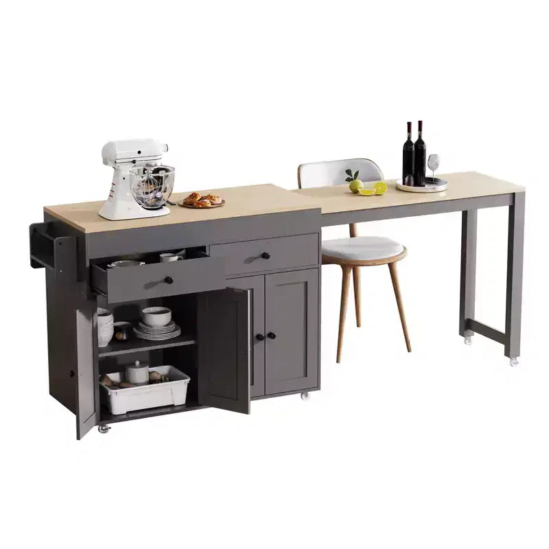 Îlot de cuisine de 189 cm avec table à manger extensible, chariot roulant avec 4 armoires, 2 tiroirs, porte-épices, étagères réglables
