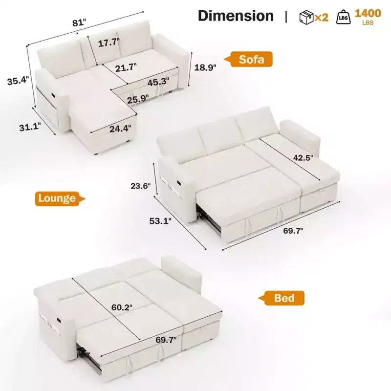 Canapé convertible 2 en 1 Dyonery avec méridienne de rangement, sectionnel en chenille avec ports USB pour salon