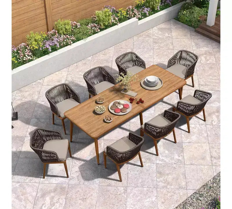 Set da pranzo da esterno PURPLE LEAF in vimini resistente alle intemperie, mobili da esterno con tavolo e struttura interamente in alluminio per prato, giardino, cortile e ponte, con cuscini