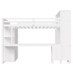 Lit mezzanine Whisen Wooden Queen avec armoire et bureau, tête de lit intégrée avec rangement