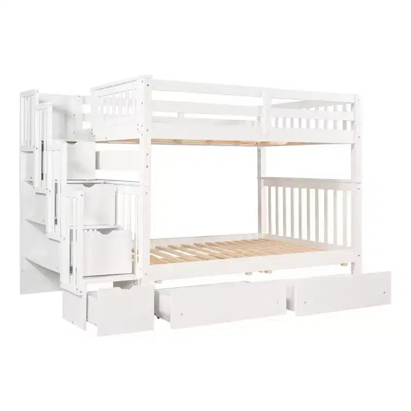 Letto a castello Full over Full con scaletta per bambini, struttura a castello matrimoniale con 6 cassetti e ringhiera per cameretta o dormitorio