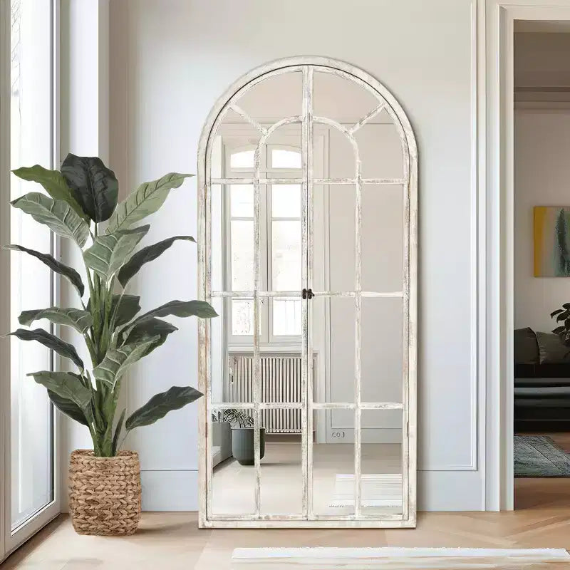 Miroir mural pleine longueur, design cintrée à grille en bois massif, ouvrable, sans support