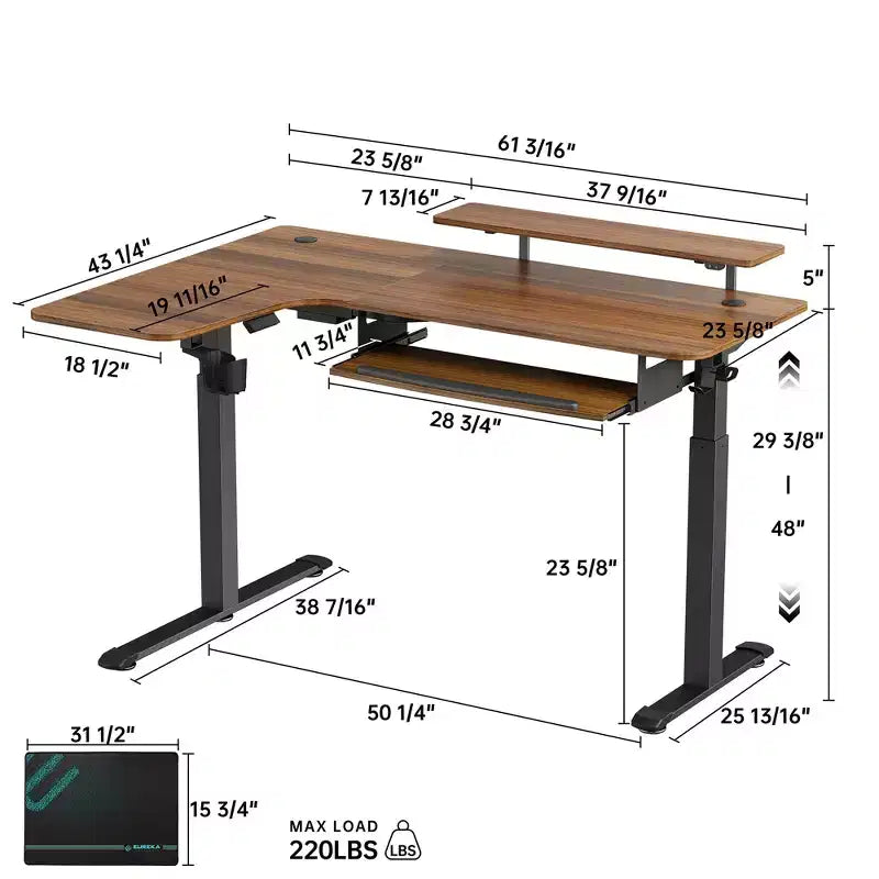 Bureau assis-debout en forme de L EUREKA ERGONOMIC 60x23 avec accessoires