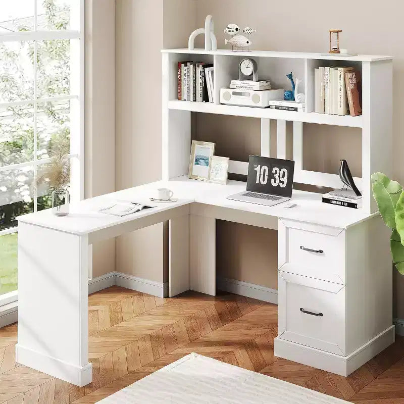 Zevemomo Bureau d'angle en L de 60 po avec huche et tiroirs, bureau d'ordinateur en coin avec étagères de rangement ouvertes, pour bureau à domicile ou chambre à coucher, blanc moderne