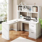 Zevemomo Bureau d'angle en L de 60 po avec huche et tiroirs, bureau d'ordinateur en coin avec étagères de rangement ouvertes, pour bureau à domicile ou chambre à coucher, blanc moderne
