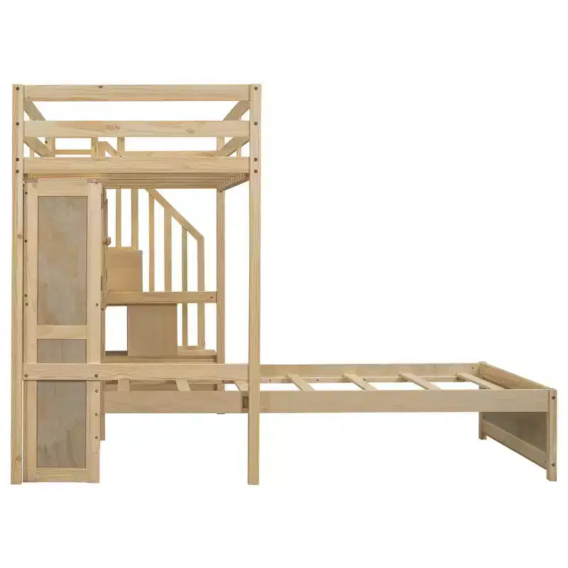 Lit superposé double en bois avec bureau et escalier, lit mezzanine double en L avec rangements et étagères