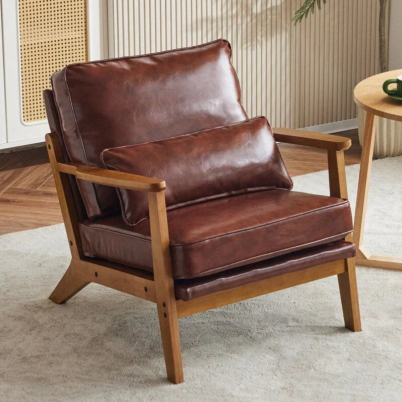 Fauteuil d'appoint rembourré en mélange de lin avec pieds en bois et un oreiller beige