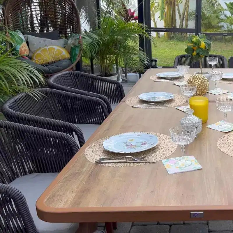 Ensemble de salle à manger d'extérieur PURPLE LEAF en osier tout temps avec table, cadre entièrement en aluminium pour pelouse, jardin, terrasse avec coussins