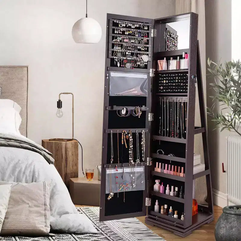Costway Armoire à bijoux rotative à 360° 2-en-1 Organiseur miroir verrouillable Blanc/Noir/Marron foncé/Gris/Bleu/Rose/Violet/Gris foncé