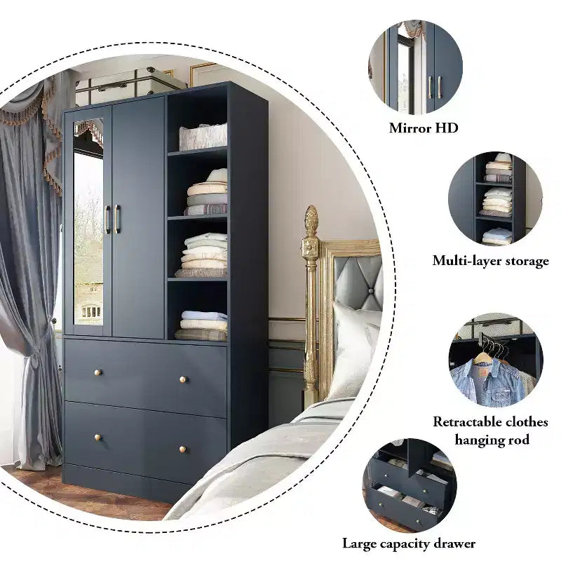 Armoire 2 portes avec miroir, tringle à vêtements et 2 tiroirs