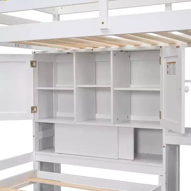 Lit superposé double en bois avec bureau et escalier, lit mezzanine double en L avec rangements et étagères