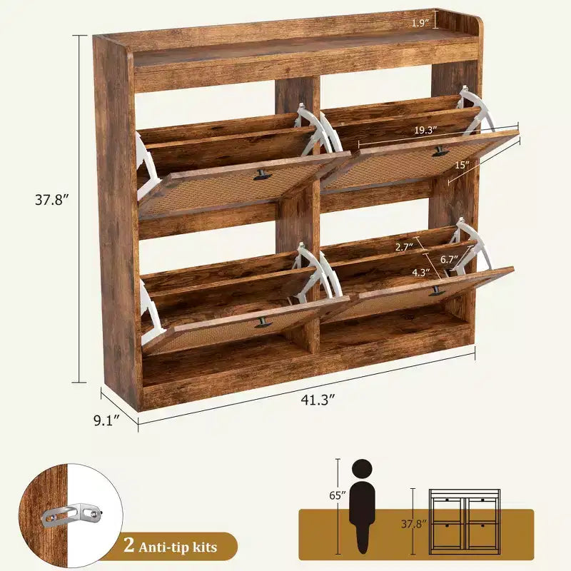 Scarpiera con 4 cassetti a ribalta, scarpiera in legno con ante in rattan e ripiani regolabili - Organizer per scarpe indipendente