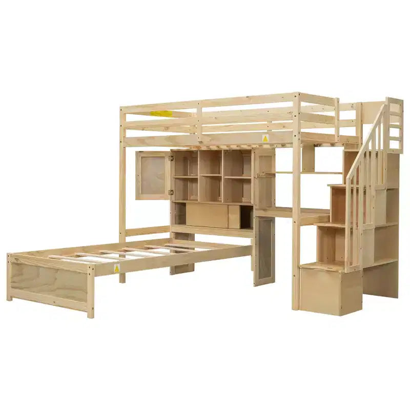 Lit superposé double en bois avec bureau et escalier, lit mezzanine double en L avec rangements et étagères