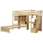 Lit superposé double en bois avec bureau et escalier, lit mezzanine double en L avec rangements et étagères