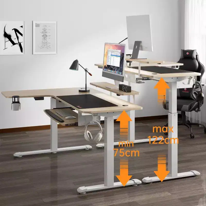 Bureau assis-debout en forme de L EUREKA ERGONOMIC 60x23 avec accessoires