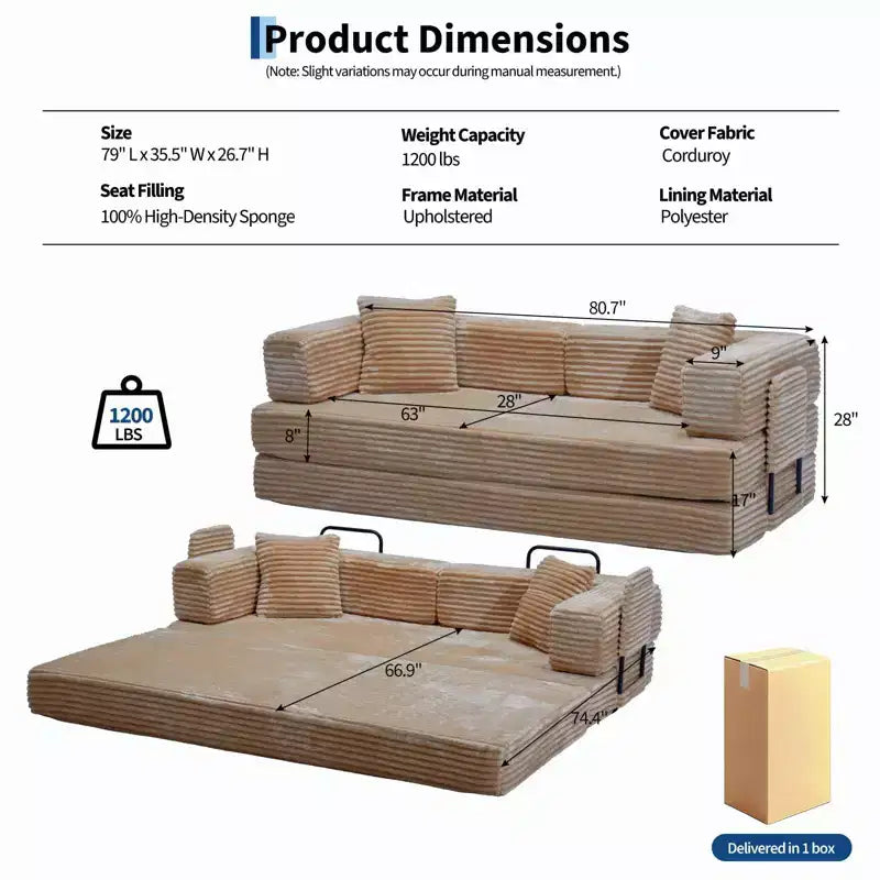 80,7 Divano letto trasformabile 5 in 1 – Velluto a coste, 544 kg, Nessun assemblaggio