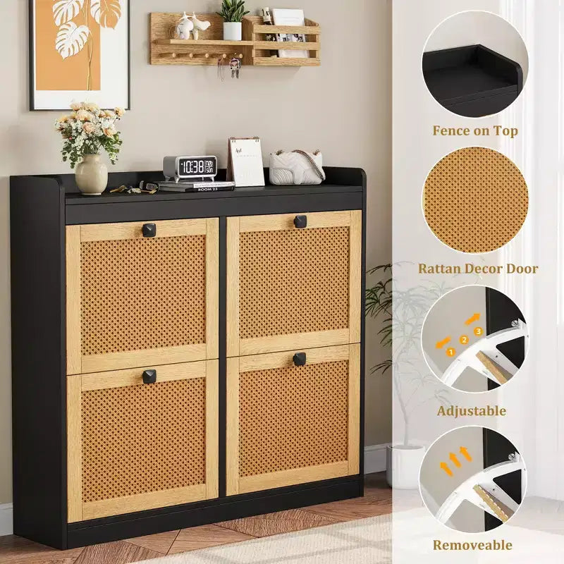 Scarpiera con 4 cassetti a ribalta, scarpiera in legno con ante in rattan e ripiani regolabili - Organizer per scarpe indipendente