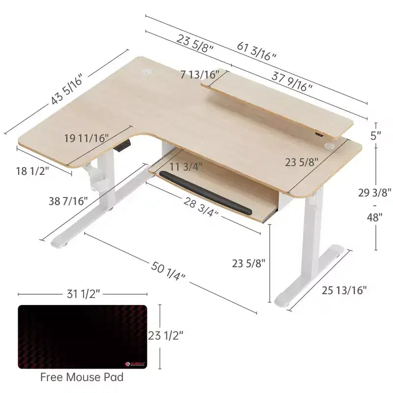 Bureau assis-debout en forme de L EUREKA ERGONOMIC 60x23 avec accessoires