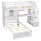Lit superposé double en bois avec bureau et escalier, lit mezzanine double en L avec rangements et étagères