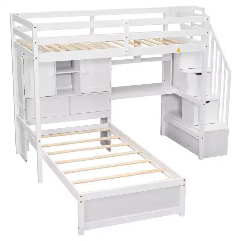 Lit superposé double en bois avec bureau et escalier, lit mezzanine double en L avec rangements et étagères