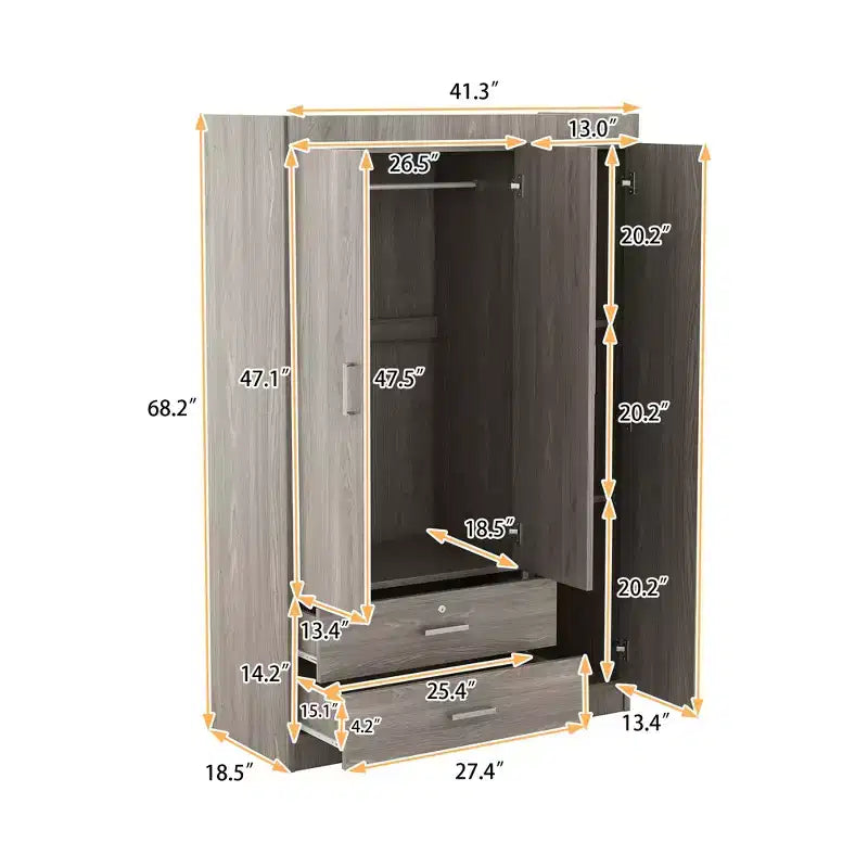 Guardaroba/Armadio a 3 ante Whisen Wood con asta appendiabiti, 2 cassetti e ripiani portaoggetti
