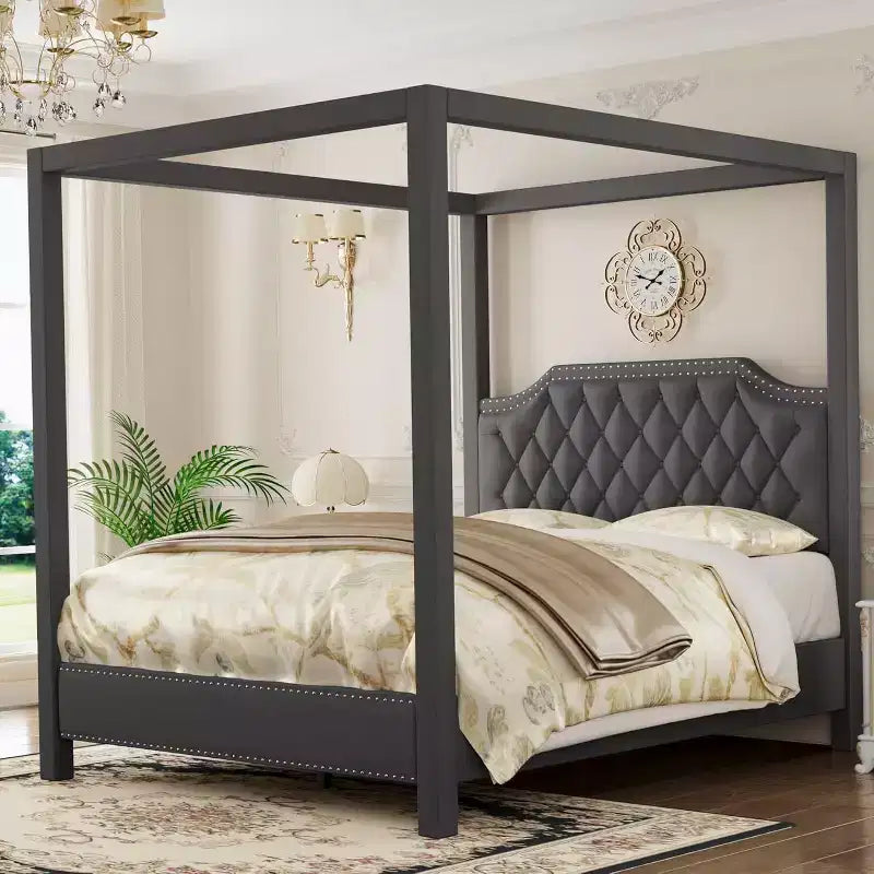 Struttura Letto a Baldacchino Queen Size con Pali a 4 Montanti, Supporto a Doghe in Legno Massello, Nessuna Rete a Molle Necessaria, Silenzioso