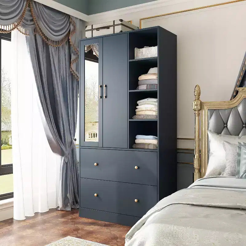 Armoire 2 portes avec miroir, tringle à vêtements et 2 tiroirs