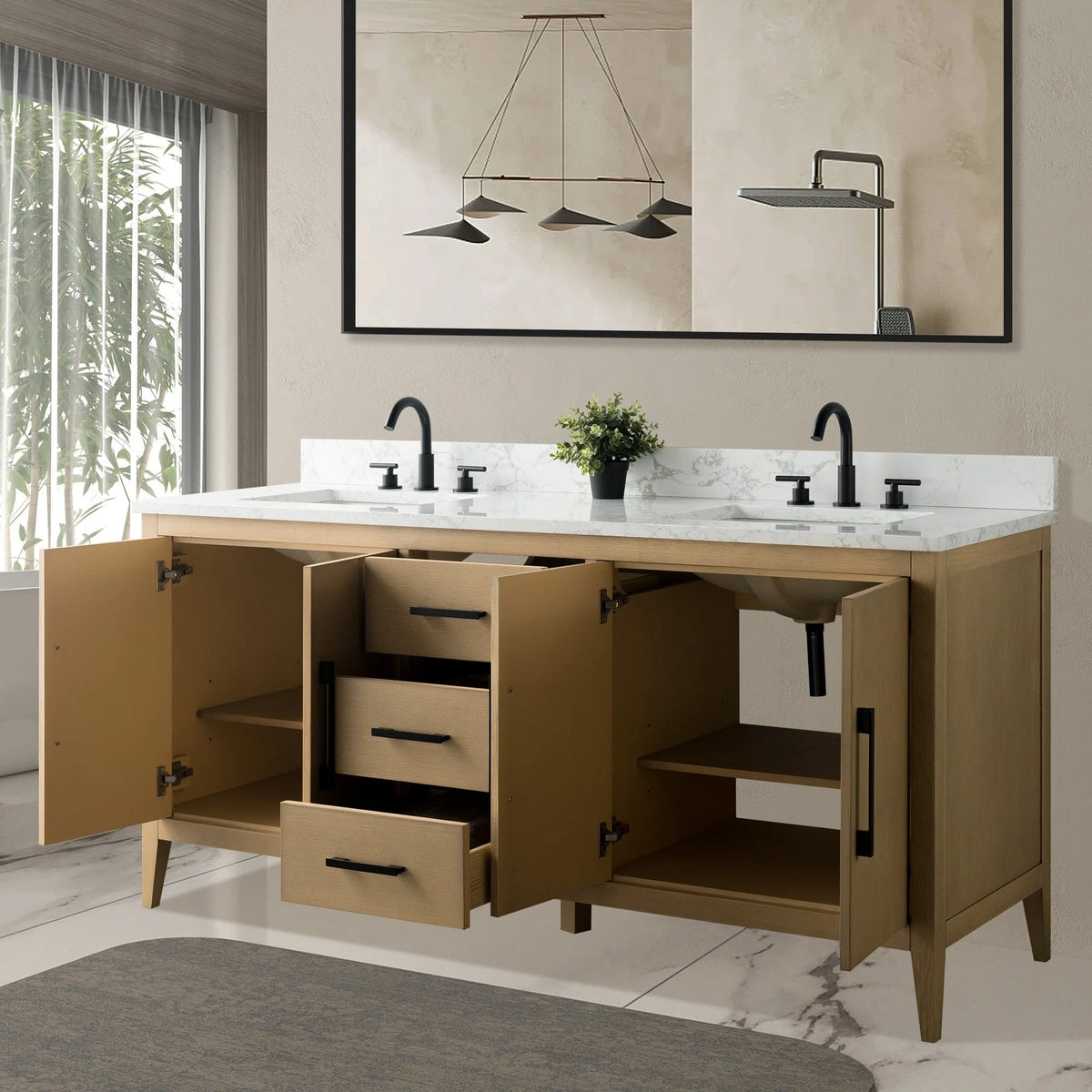 Mobile lavabo doppio Vanity Art 72 per bagno con piano in marmo composito