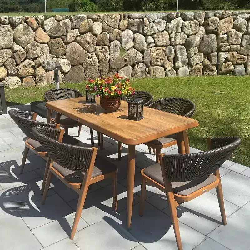 Set da pranzo da esterno PURPLE LEAF in vimini resistente alle intemperie, mobili da esterno con tavolo e struttura interamente in alluminio per prato, giardino, cortile e ponte, con cuscini
