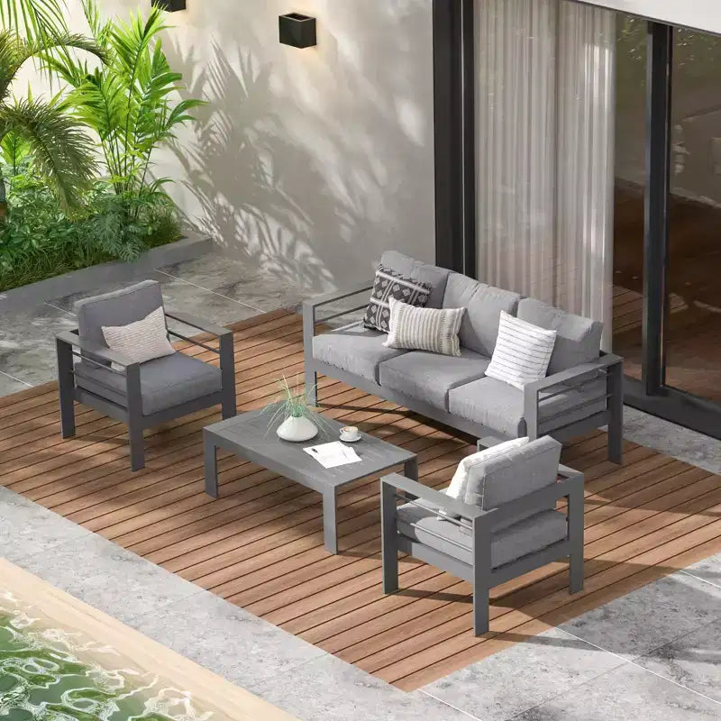 Set di mobili da giardino Heynemo in alluminio, set da salotto moderno da 4 pezzi con divano componibile e cuscini e tavolino da caffè per balcone