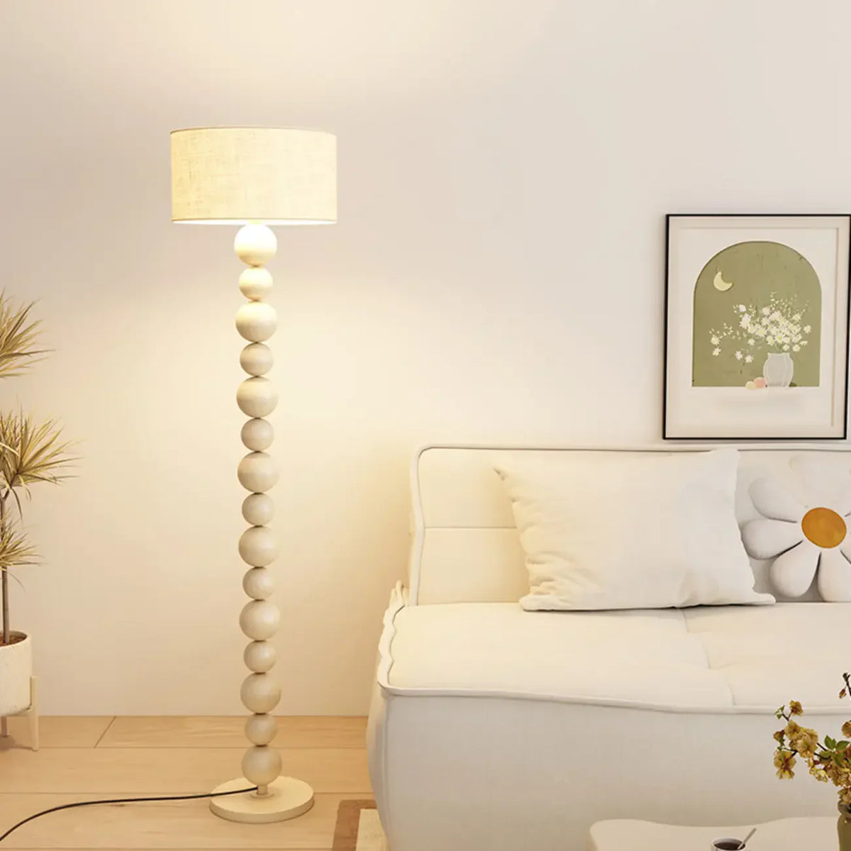 Lampadaire moderne décoratif à boules superposées avec abat-jour en tissu
