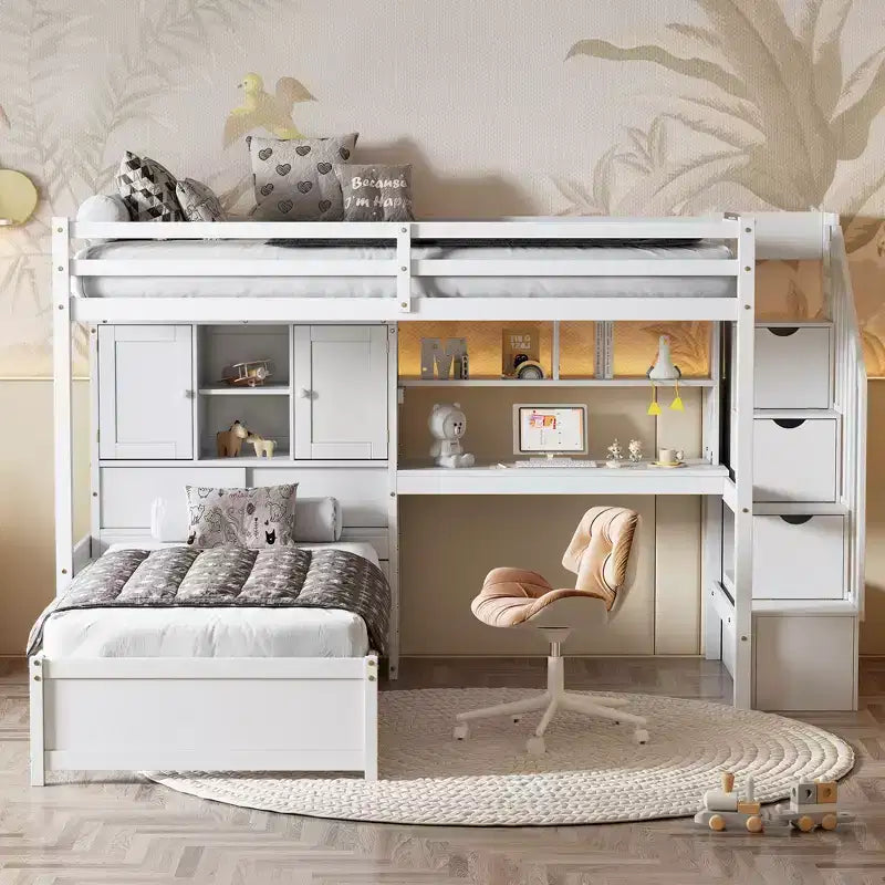 Lit superposé double en bois avec bureau et escalier, lit mezzanine double en L avec rangements et étagères