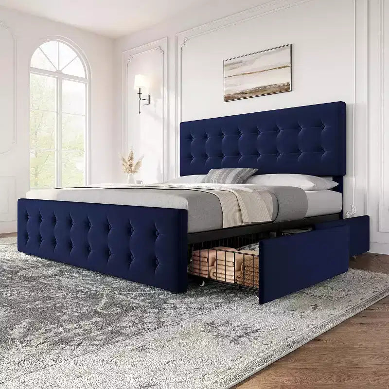 Letto contenitore con 4 cassetti e testiera regolabile - Base letto imbottita