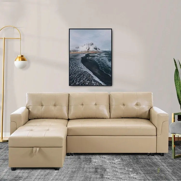 Divano sezionale reversibile con letto estraibile, chaise longue con contenitore nascosto, gambe durevoli,