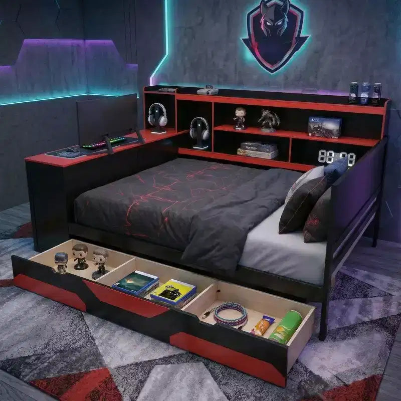 Letto a Giorno Gamer Hub con Scrivania, Luci RGB, Stazione di Ricarica, Cassetti e Testiera Libreria