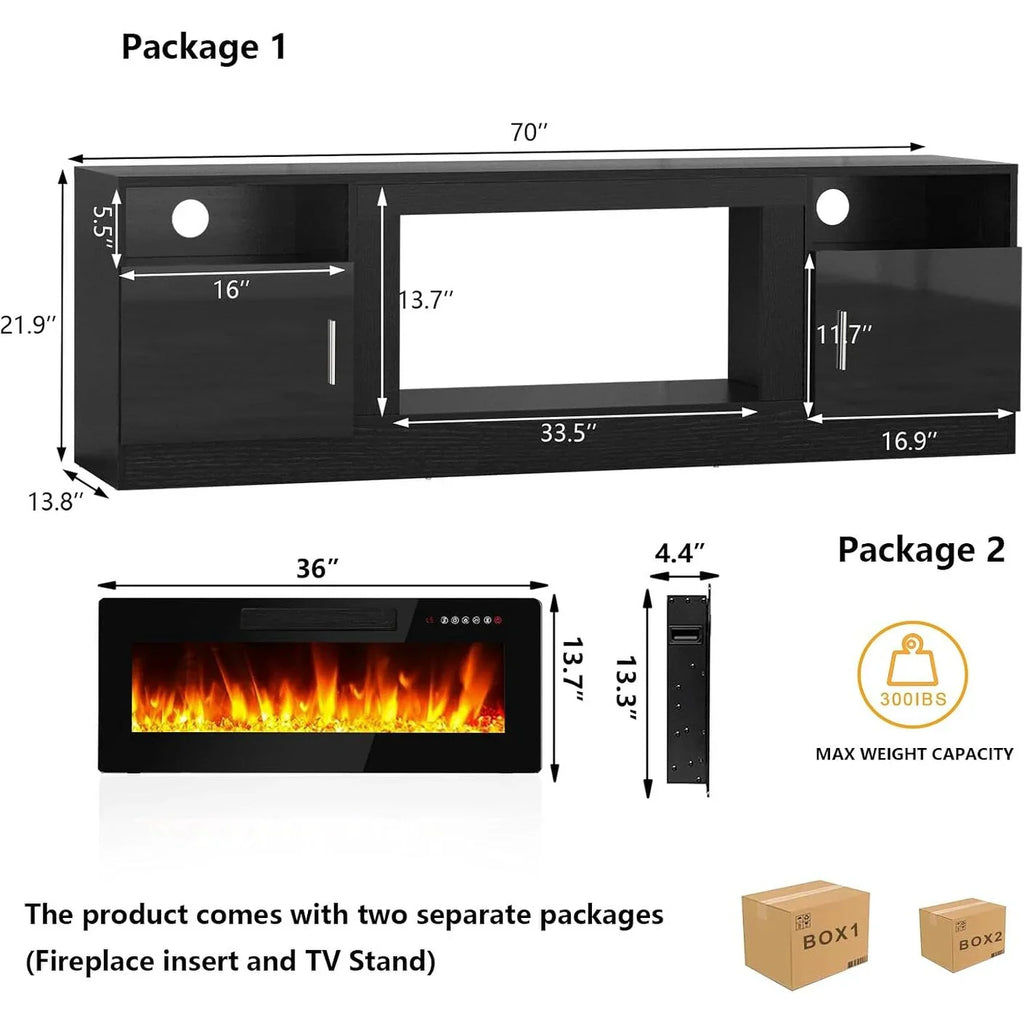 Mobile TV Bossin 70" con caminetto elettrico 36", Mobile TV per televisori fino a 80", 16 colori LED/Centro di intrattenimento