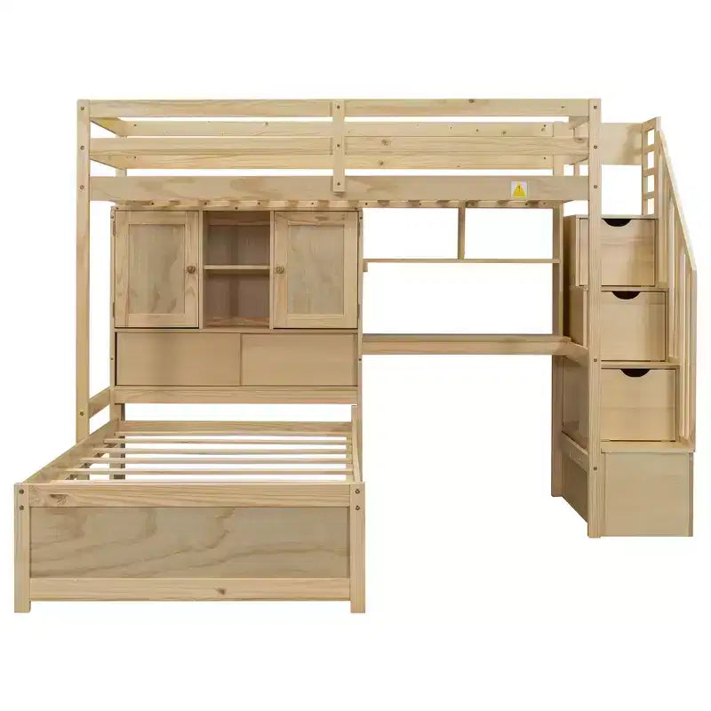 Lit superposé double en bois avec bureau et escalier, lit mezzanine double en L avec rangements et étagères