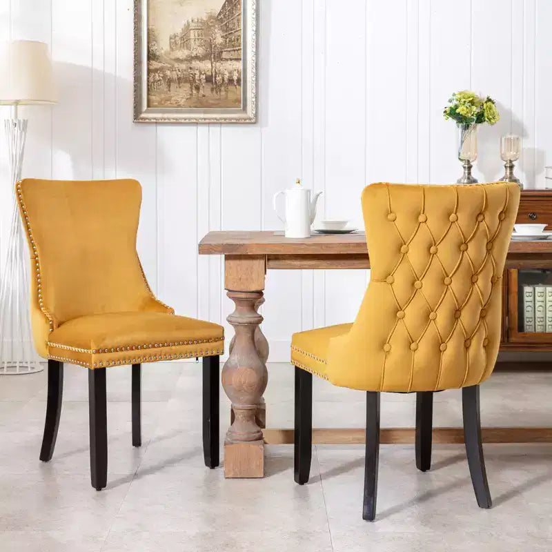 Set di 2 sedie da pranzo imbottite in velluto con borchie e gambe in legno - Stile retrò, seduta confortevole per sala da pranzo e cucina