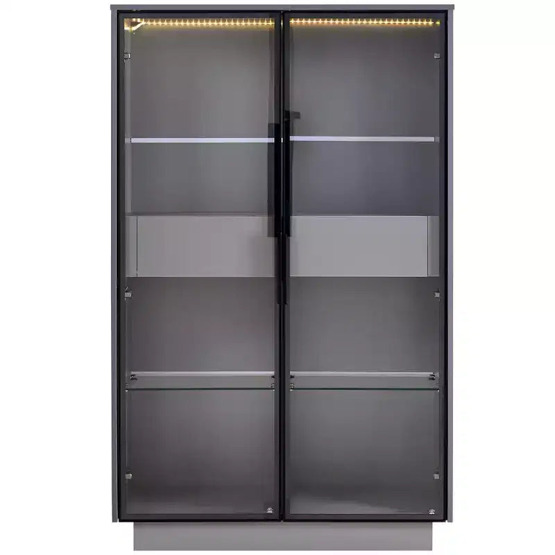 Vitrine éclairée LED Meuble de rangement avec porte en verre trempé, 2 tiroirs, étagères réglables, Moderne Minimaliste, Gris-ModernLuxe