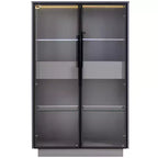 Vitrine éclairée LED Meuble de rangement avec porte en verre trempé, 2 tiroirs, étagères réglables, Moderne Minimaliste, Gris-ModernLuxe