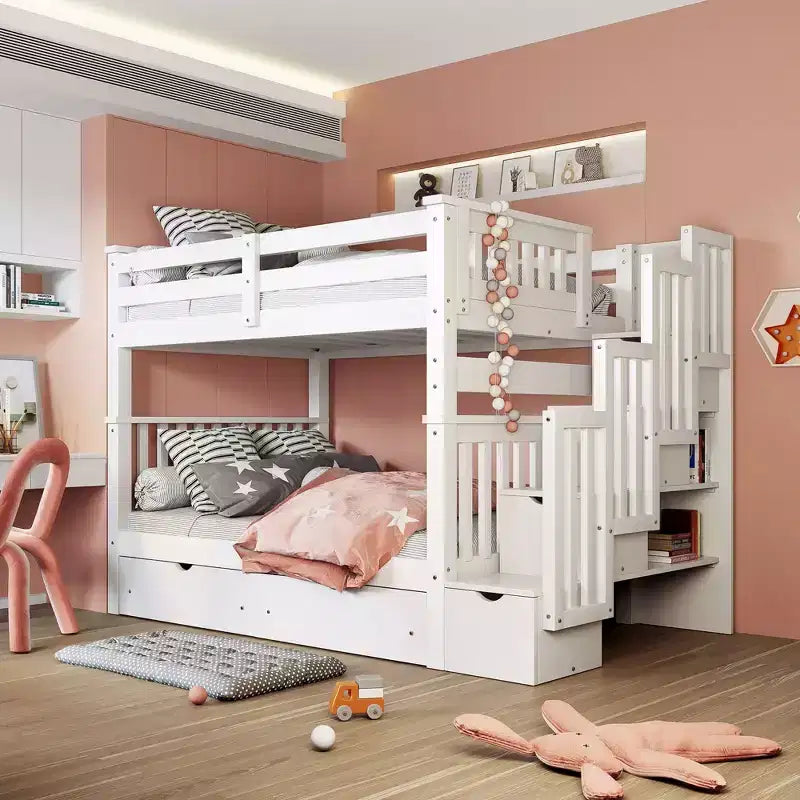 Letto a castello Full over Full con scaletta per bambini, struttura a castello matrimoniale con 6 cassetti e ringhiera per cameretta o dormitorio