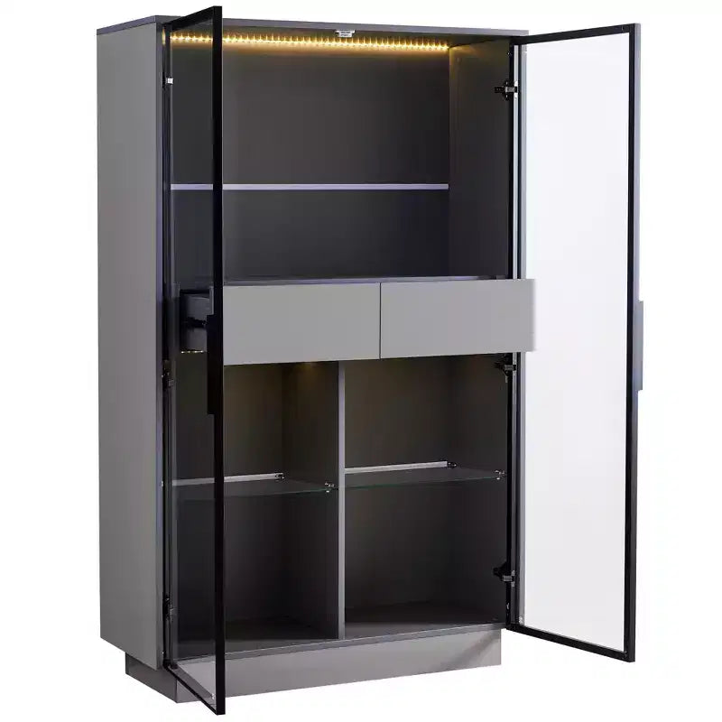 Vitrine éclairée LED Meuble de rangement avec porte en verre trempé, 2 tiroirs, étagères réglables, Moderne Minimaliste, Gris-ModernLuxe