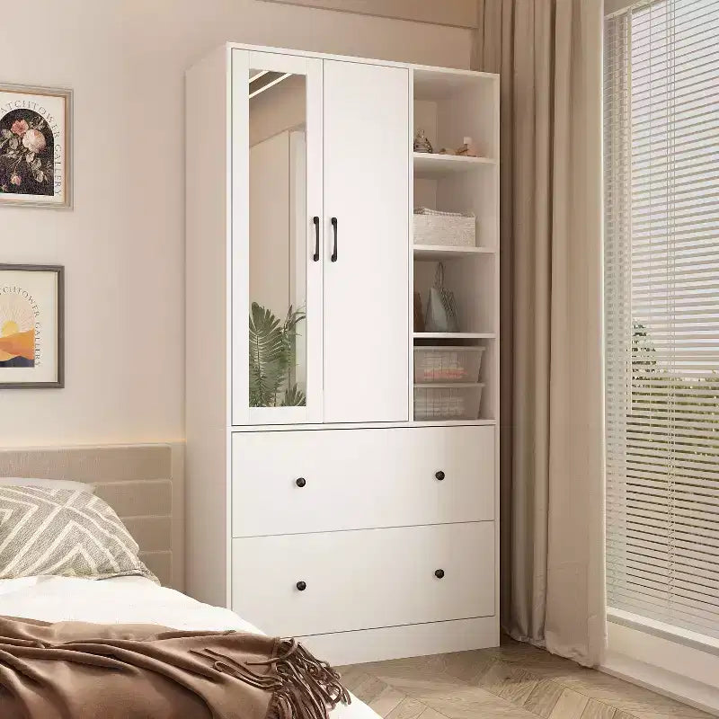 Armoire 2 portes avec miroir, tringle à vêtements et 2 tiroirs