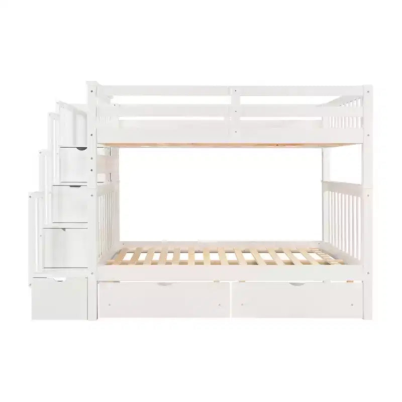 Letto a castello Full over Full con scaletta per bambini, struttura a castello matrimoniale con 6 cassetti e ringhiera per cameretta o dormitorio