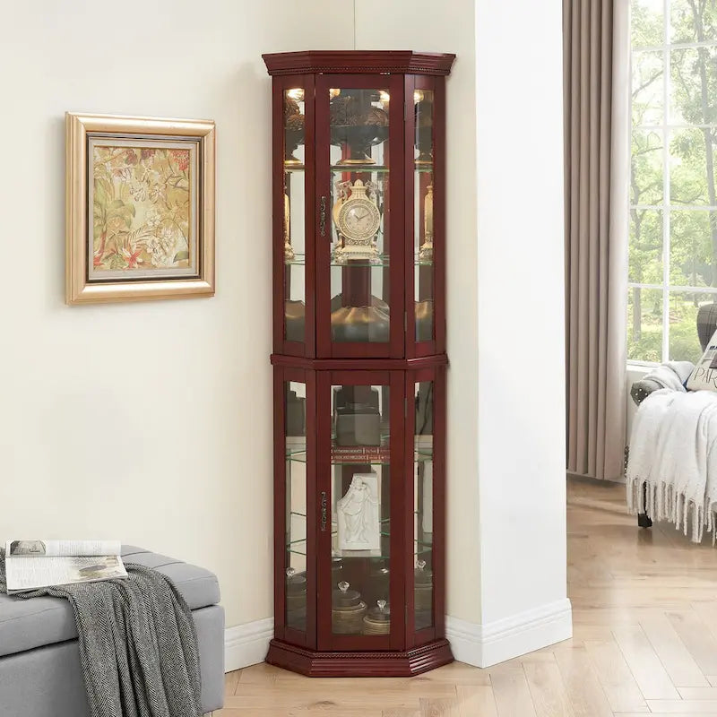 Vitrine d'angle avec éclairage, étagères réglables en verre trempé, fond miroir, meuble vitrine