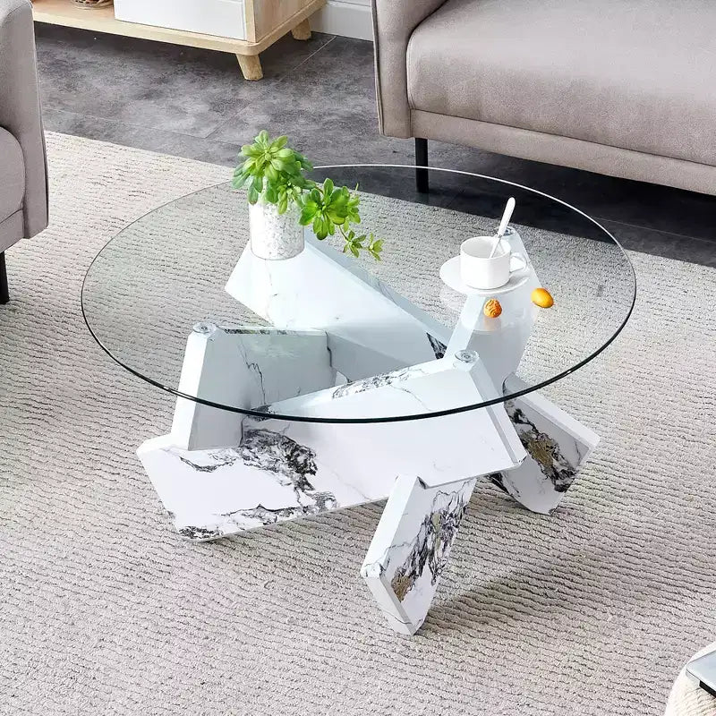 Table basse circulaire moderne en verre Okak, petite table à thé au design distinctif avec pieds en bois pour salon, réception, bureau, fermes
